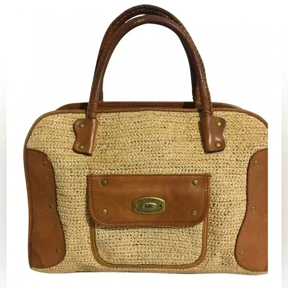 Michael kors beige brown woven leather satchel handbag - Picture 1 of 11
